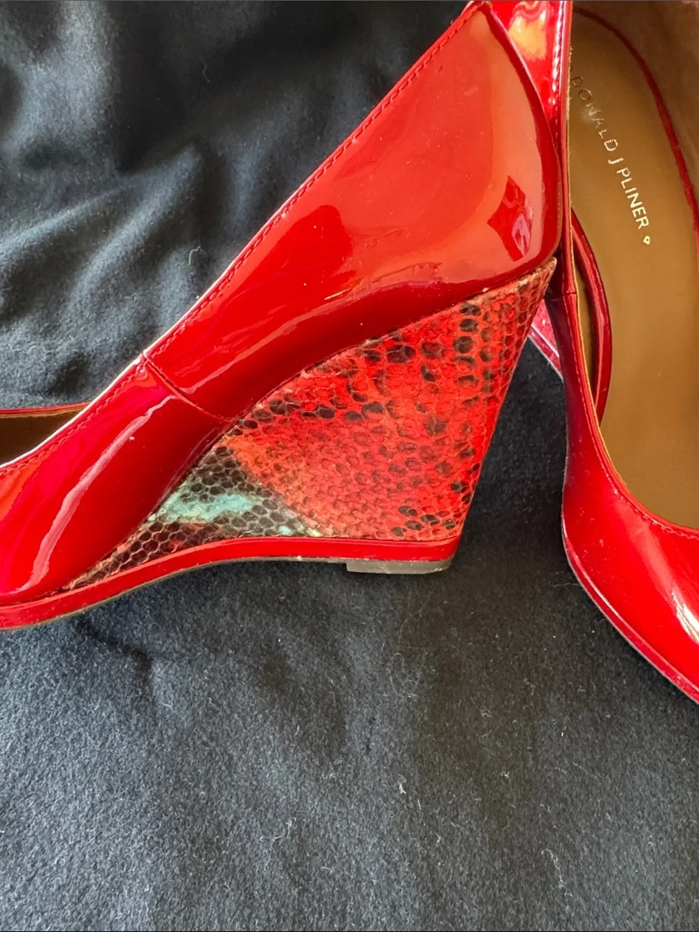 Donald J. Pliner Red Patent Peep-Toe Wedge Pumps with Textured Heel